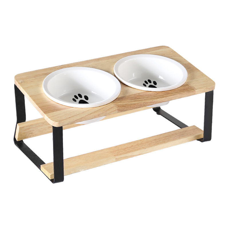 Macska etetőállvány kerámia tál és fa keretből, dönthető kialakítás a kiborzás megelőzésére, márka Aile sheng