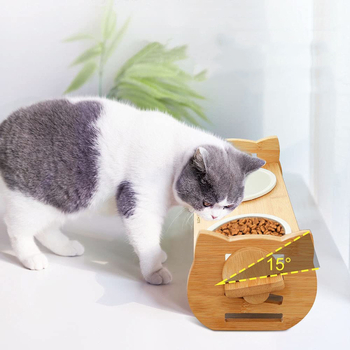 Ξύλινο κεκλιμένο ράφι ταΐσματος κατοικίδιων με διπλά μπολ, προστασία της σπονδυλικής στήλης για γάτες