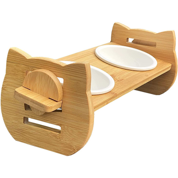 Ξύλινο κεκλιμένο ράφι ταΐσματος κατοικίδιων με διπλά μπολ, προστασία της σπονδυλικής στήλης για γάτες