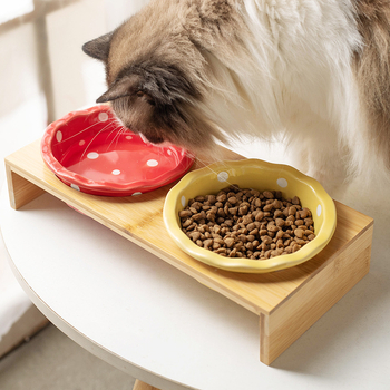 Κεραμικό μπολ για γάτες με δύο μπολάκια σε ραφιέρα από μπαμπού και ξύλο | Σύστημα αυτόματης σίτισης | Μάρκα Shuo Ni