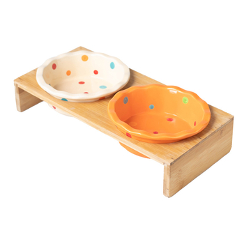 Κεραμικό μπολ για γάτες με δύο μπολάκια σε ραφιέρα από μπαμπού και ξύλο | Σύστημα αυτόματης σίτισης | Μάρκα Shuo Ni