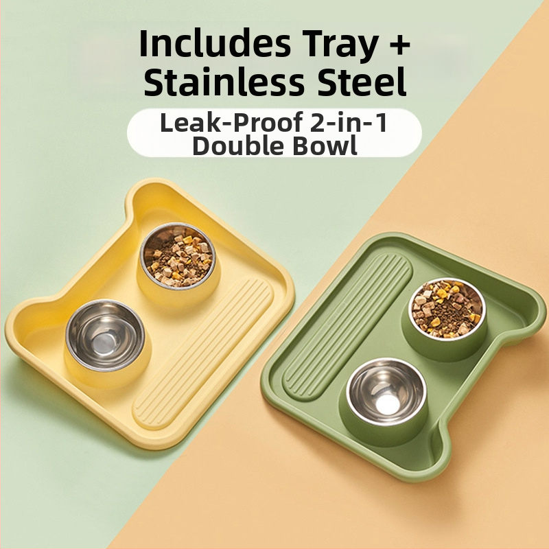 Двойна купа от неръждаема стомана за котки и кучета, антипроливен дизайн, интегриран воден и хранителен отдел, защита на шията