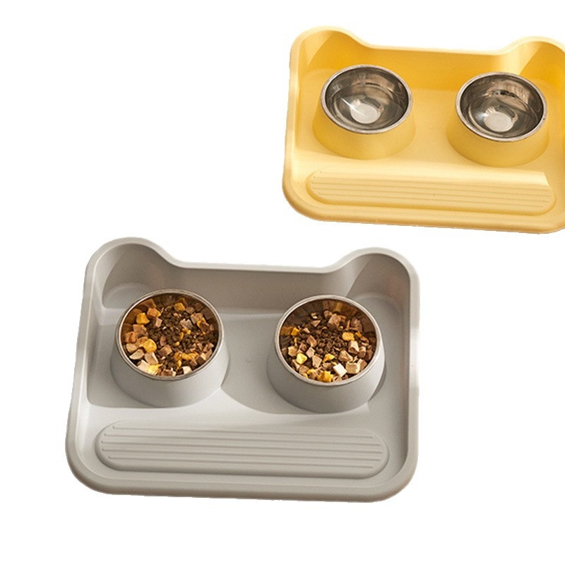 Két részes rozsdamentes acélból készült tál macskáknak és kutyáknak, kiöntés elleni kialakítás, beépített víz- és ételtál, nyakvédő funkció