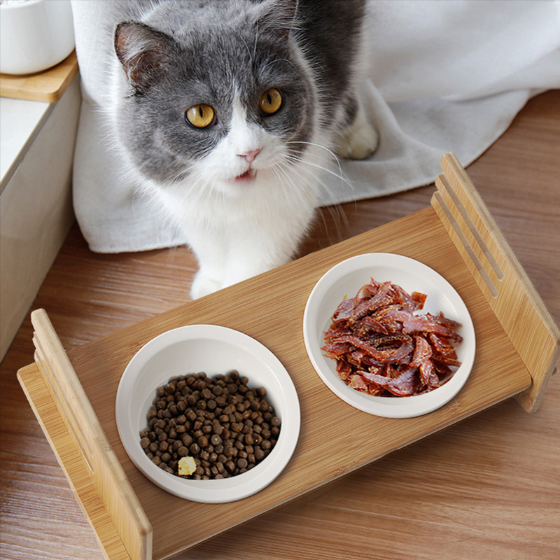 Kaķu un suņu barošanas trauku komplekts: keramiskie dubultie trauki, nerūsējošā tērauda komponenti, pretkritu dizains, slīpa mala un regulējams koka statīvs.