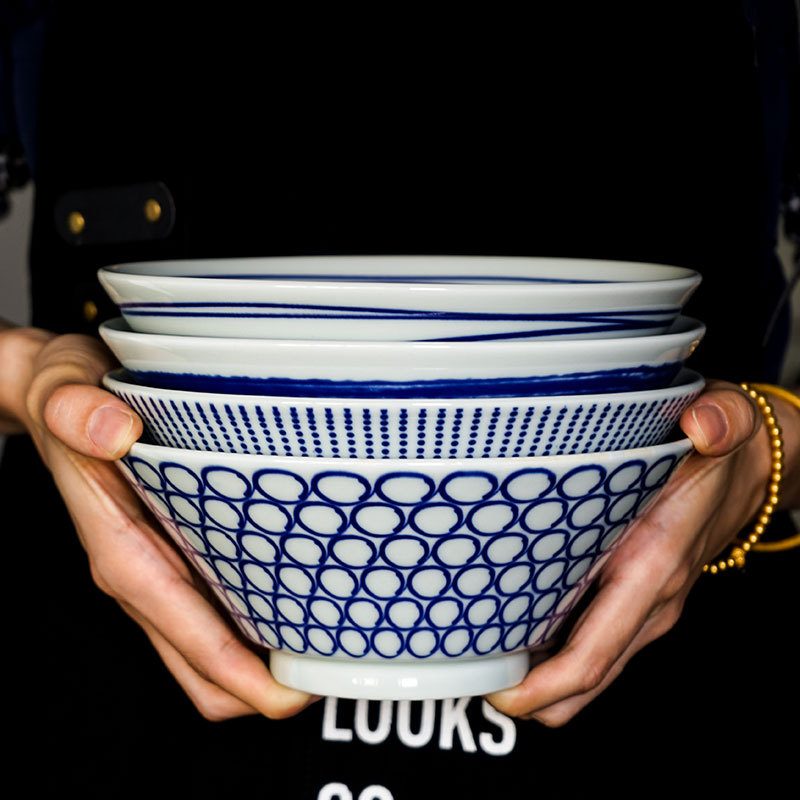 Nishida Muyu ramen bļoda no porcelāna, svītrainais raksts, japāņu stils, apaļa forma, piemērots mikroviļņu krāsnij