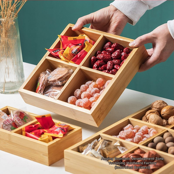 Bambukinis kvadratinis padėklas su devyniais skyreliais, medinė serviravimo plokštė džiovintiems vaisiams ir užkandžiams, kinų stilius