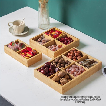 Bambukinis kvadratinis padėklas su devyniais skyreliais, medinė serviravimo plokštė džiovintiems vaisiams ir užkandžiams, kinų stilius
