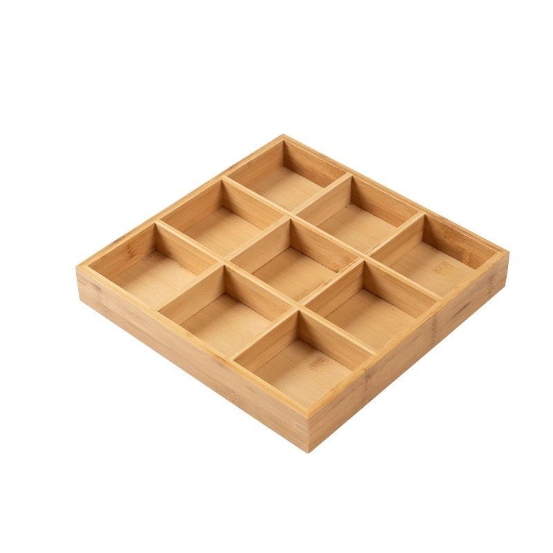 Bambukinis kvadratinis padėklas su devyniais skyreliais, medinė serviravimo plokštė džiovintiems vaisiams ir užkandžiams, kinų stilius