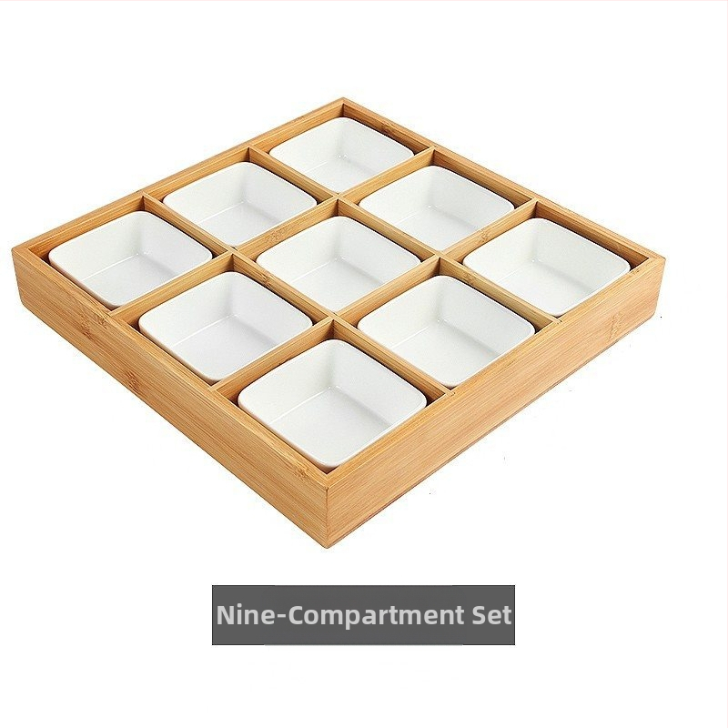 Bambukinis kvadratinis padėklas su devyniais skyreliais, medinė serviravimo plokštė džiovintiems vaisiams ir užkandžiams, kinų stilius