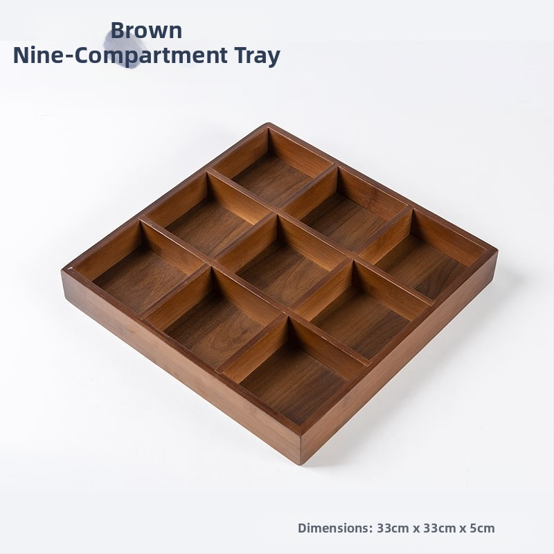 Bambukinis kvadratinis padėklas su devyniais skyreliais, medinė serviravimo plokštė džiovintiems vaisiams ir užkandžiams, kinų stilius