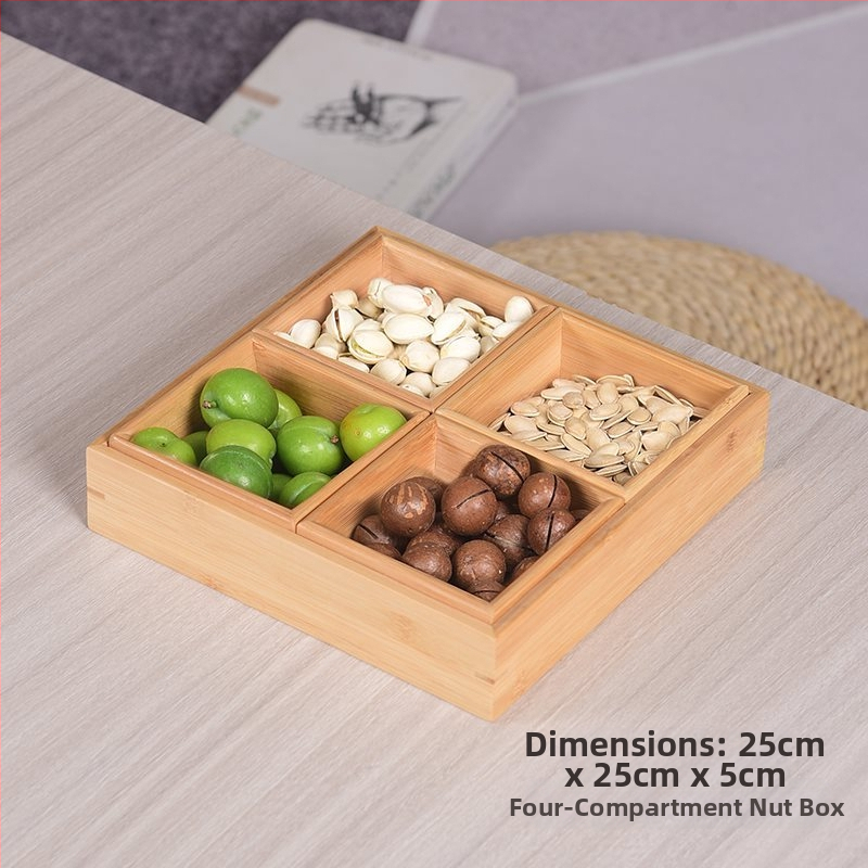 Bambukinis kvadratinis padėklas su devyniais skyreliais, medinė serviravimo plokštė džiovintiems vaisiams ir užkandžiams, kinų stilius