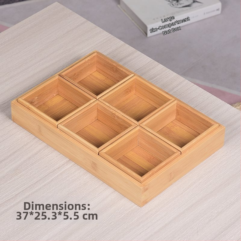 Bambukinis kvadratinis padėklas su devyniais skyreliais, medinė serviravimo plokštė džiovintiems vaisiams ir užkandžiams, kinų stilius