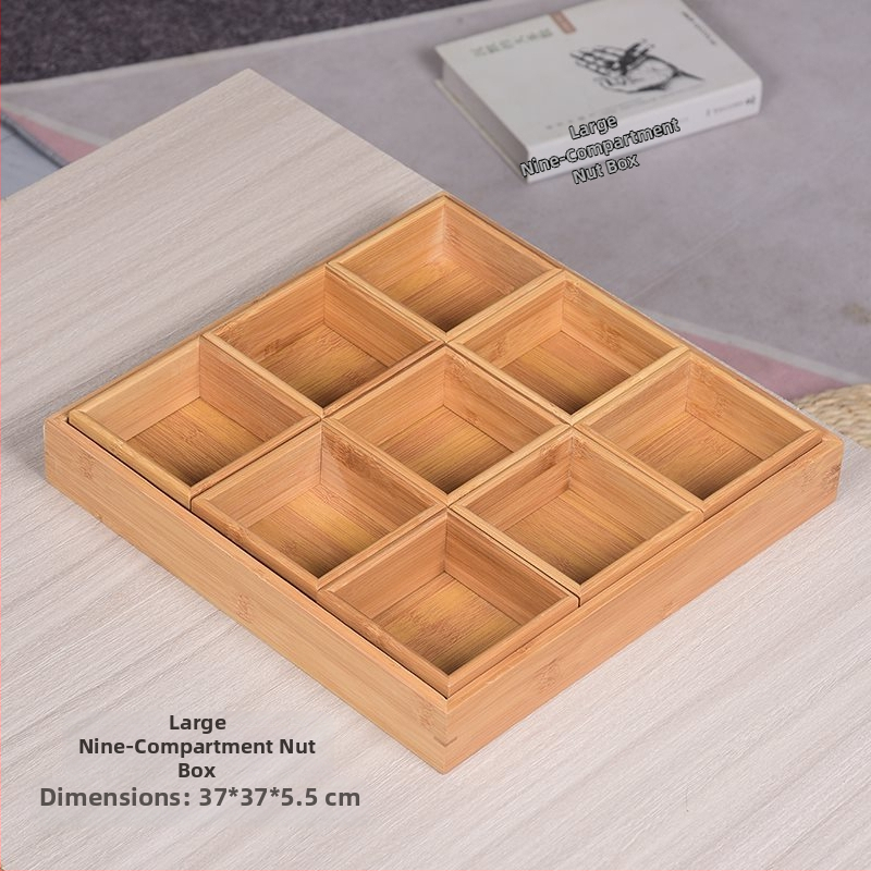 Bambukinis kvadratinis padėklas su devyniais skyreliais, medinė serviravimo plokštė džiovintiems vaisiams ir užkandžiams, kinų stilius