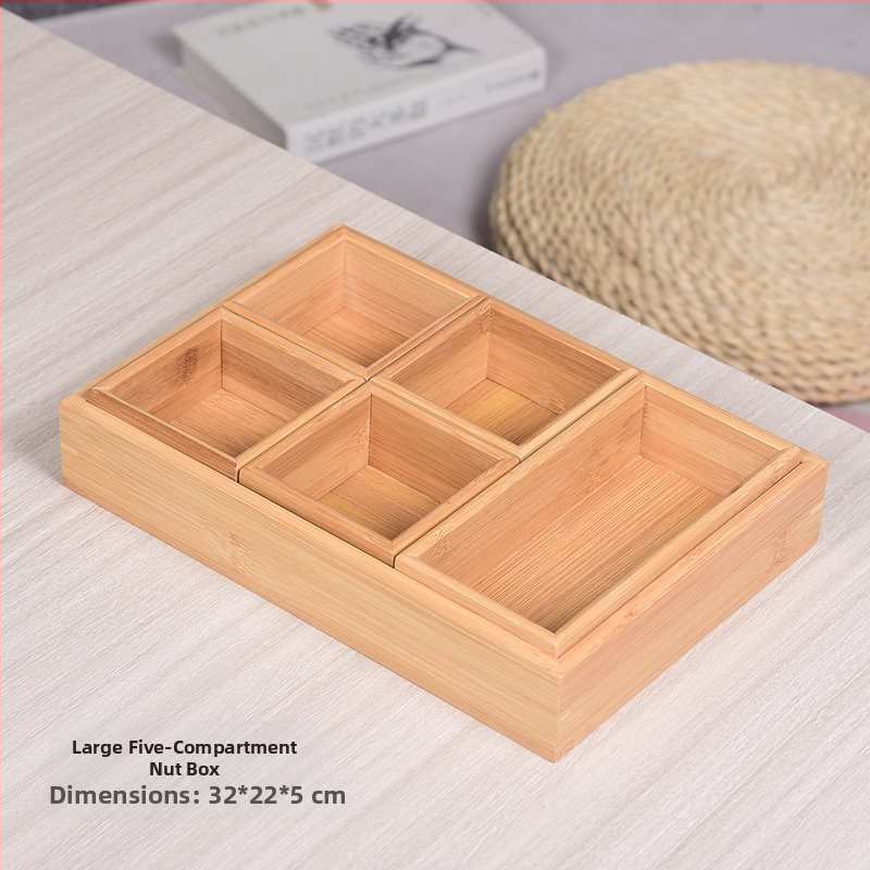 Bambukinis kvadratinis padėklas su devyniais skyreliais, medinė serviravimo plokštė džiovintiems vaisiams ir užkandžiams, kinų stilius