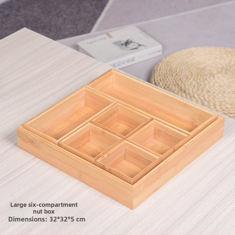 Bambukinis kvadratinis padėklas su devyniais skyreliais, medinė serviravimo plokštė džiovintiems vaisiams ir užkandžiams, kinų stilius