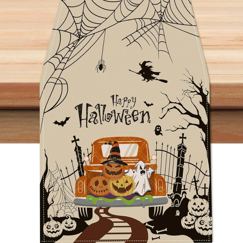 Stalo vėliava, Helovyno moliūgo kaukolės serija, 100% lino audinys, pritaikomas apdorojimas, namų dekoras