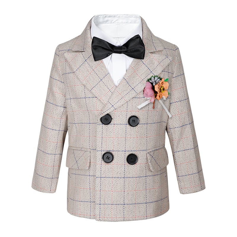 Dječje dvodijelno odijelo u jesenskom britanskom stilu s kariranim uzorkom, za uzrast 1–3 godine, V-izrez, dugi rukavi, kopčanje u dva reda