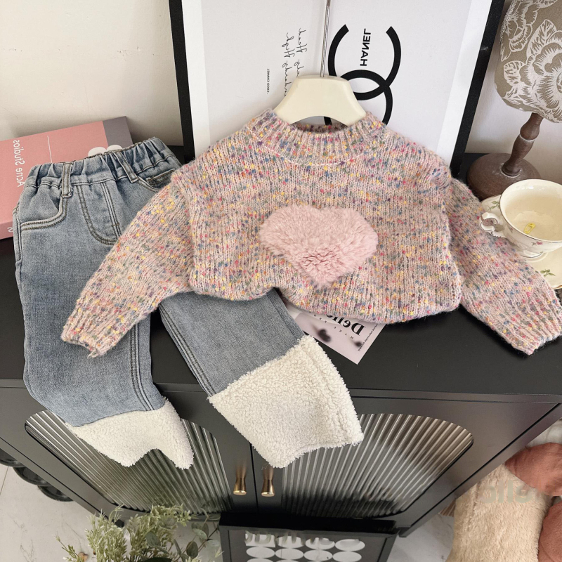 Dječji set za djevojčice u korejskom stilu: pleteni pulover i hlače s flis podstavom, 90% pamuka, za uzrast 3–8 godina, zima i jesen