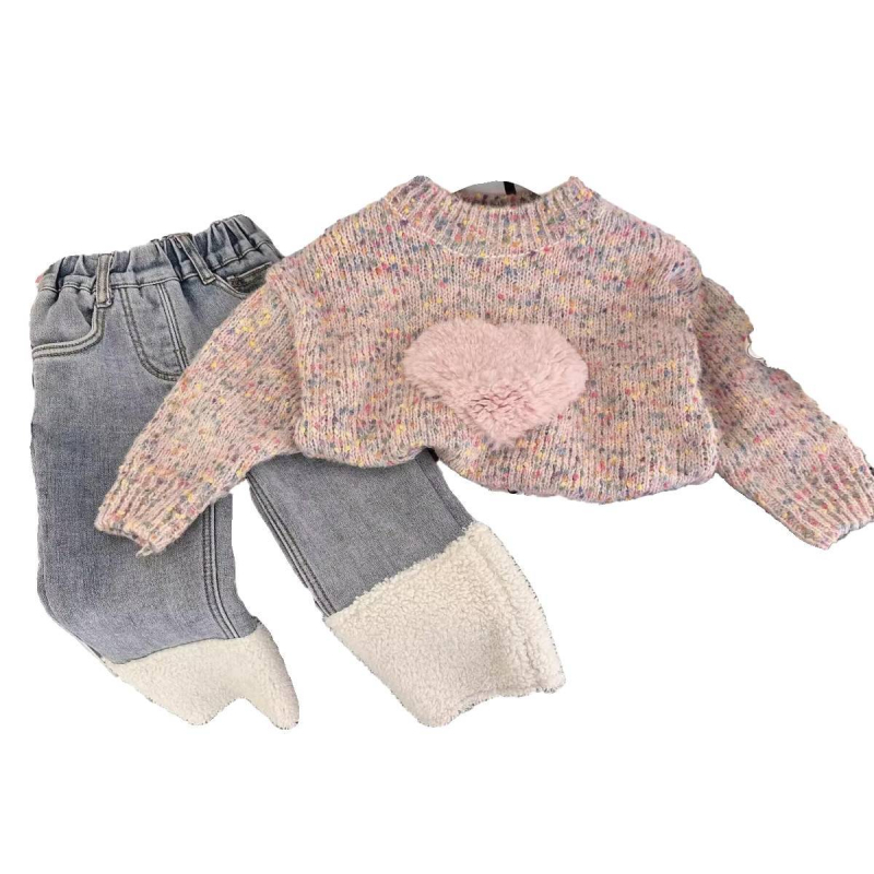 Dječji set za djevojčice u korejskom stilu: pleteni pulover i hlače s flis podstavom, 90% pamuka, za uzrast 3–8 godina, zima i jesen