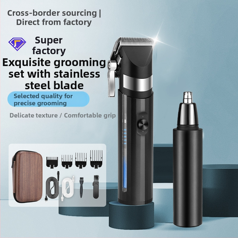 Vyrų įkrovimo namų plaukų kirpimo mašinėlė su nosies plaukų trimmeriu - nerūdijančio plieno peiliukai, šepetinis variklis, įmontuota 1200-2000 mAh baterija, veikimo laikas 1-3 val