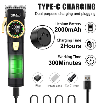 Profesionalus įkraunamas plaukų kirpimo prietaisas su brushless motoru, nerūdijančio plieno peilių galvutė, įmontuota 1200–2000 mAh baterija, veikimo laikas 1–3 valandos