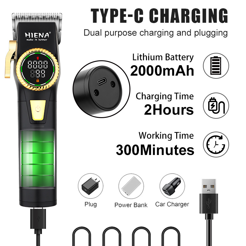 Profesionalus įkraunamas plaukų kirpimo prietaisas su brushless motoru, nerūdijančio plieno peilių galvutė, įmontuota 1200–2000 mAh baterija, veikimo laikas 1–3 valandos