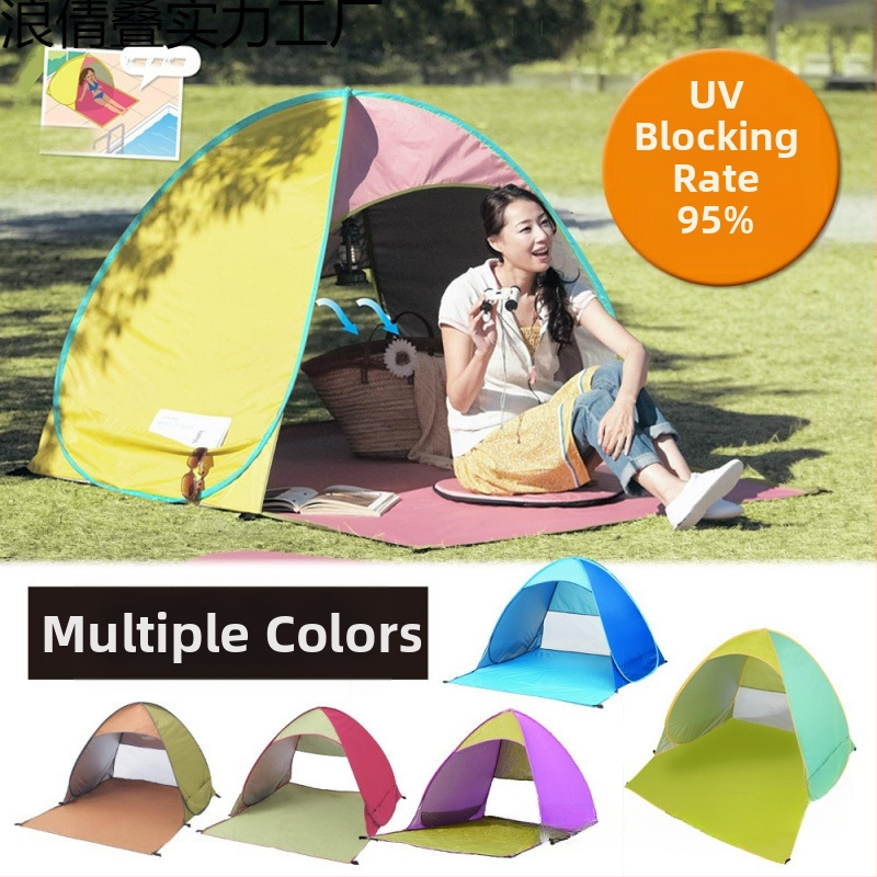 Dubultās personas automātiskā pludmales teltī ar ātru atvēršanu un saules aizsardzību; ārējā: poliesters; iekšējā: 190T ar sudraba pārklājumu; ārējā ūdensizturība 1000–1500 mm; apakšējā 1000–1500 mm; svars 1 kg