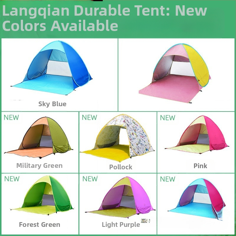 Двуместна автоматична плажна палатка за бърз монтаж, слънцезащита; външна: полиестер; вътрешна: 190T със сребърно покритие полиестер тафта; водоустойчивост 1000–1500 мм; дъно 1000–1500 мм; тегло 1 кг