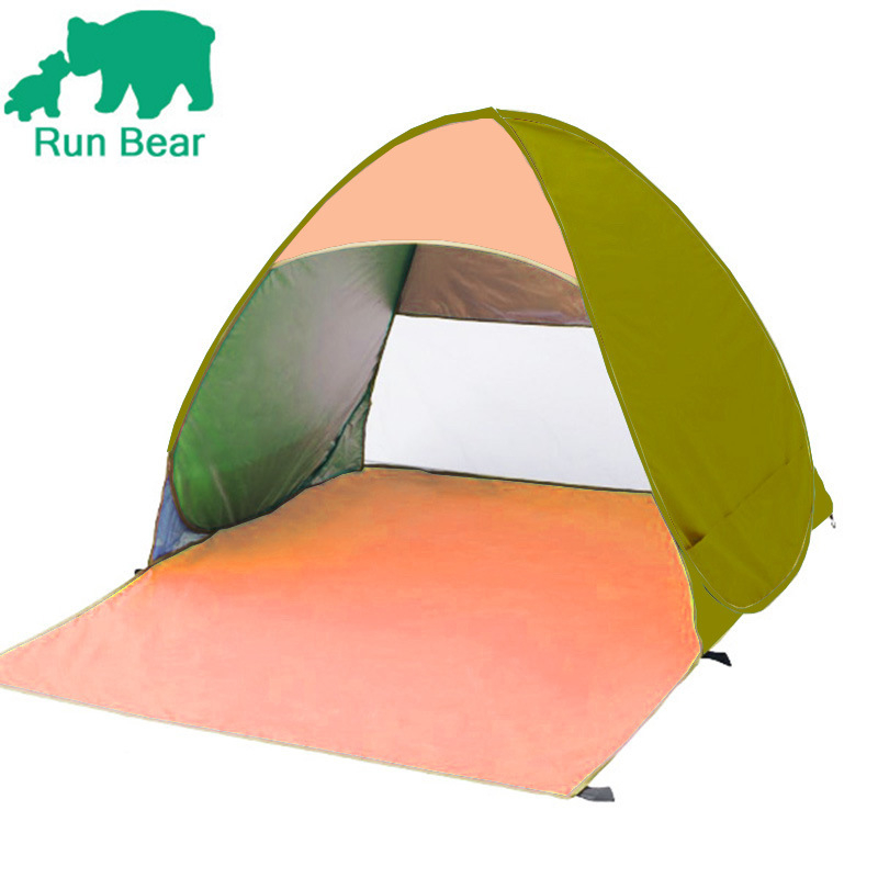 Dubultās personas automātiskā pludmales teltī ar ātru atvēršanu un saules aizsardzību; ārējā: poliesters; iekšējā: 190T ar sudraba pārklājumu; ārējā ūdensizturība 1000–1500 mm; apakšējā 1000–1500 mm; svars 1 kg