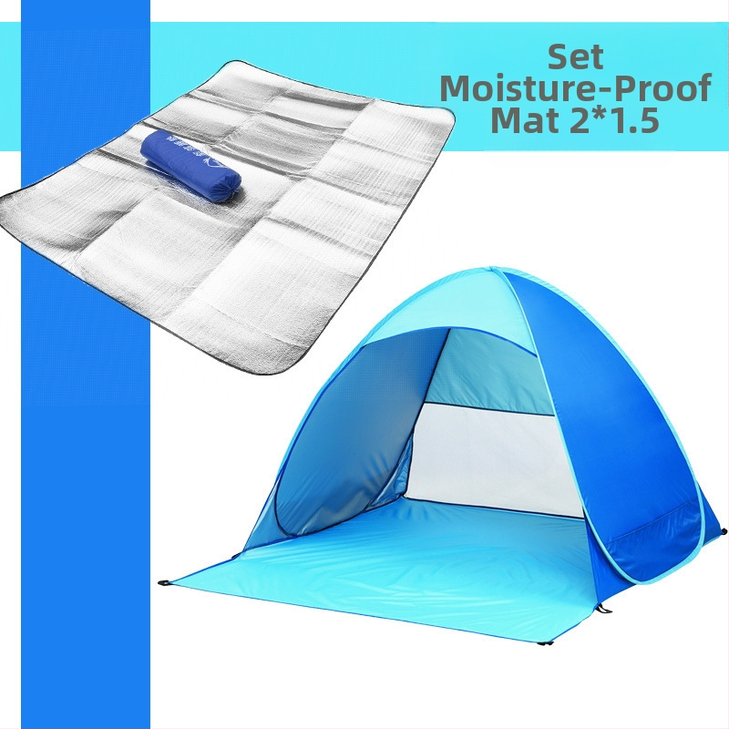 Dubultās personas automātiskā pludmales teltī ar ātru atvēršanu un saules aizsardzību; ārējā: poliesters; iekšējā: 190T ar sudraba pārklājumu; ārējā ūdensizturība 1000–1500 mm; apakšējā 1000–1500 mm; svars 1 kg