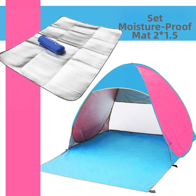 Dubultās personas automātiskā pludmales teltī ar ātru atvēršanu un saules aizsardzību; ārējā: poliesters; iekšējā: 190T ar sudraba pārklājumu; ārējā ūdensizturība 1000–1500 mm; apakšējā 1000–1500 mm; svars 1 kg