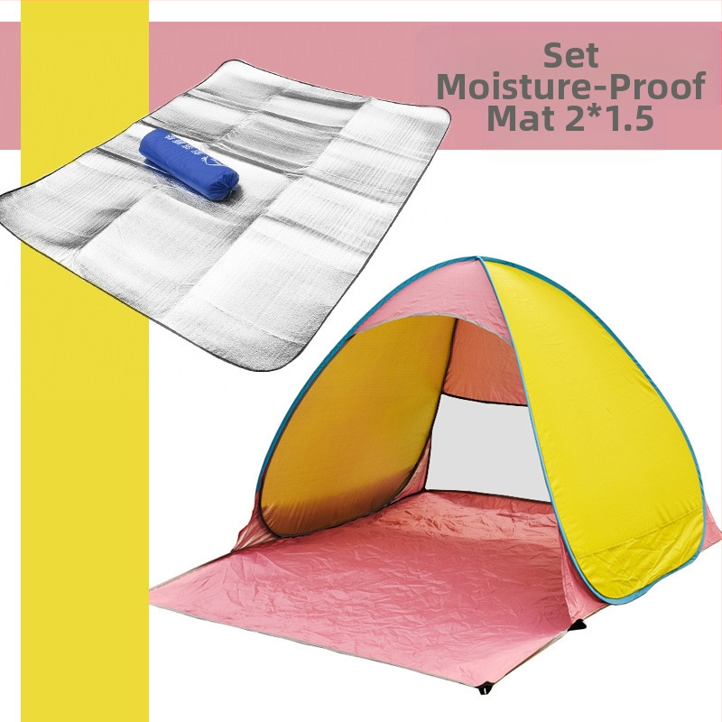 Dubultās personas automātiskā pludmales teltī ar ātru atvēršanu un saules aizsardzību; ārējā: poliesters; iekšējā: 190T ar sudraba pārklājumu; ārējā ūdensizturība 1000–1500 mm; apakšējā 1000–1500 mm; svars 1 kg