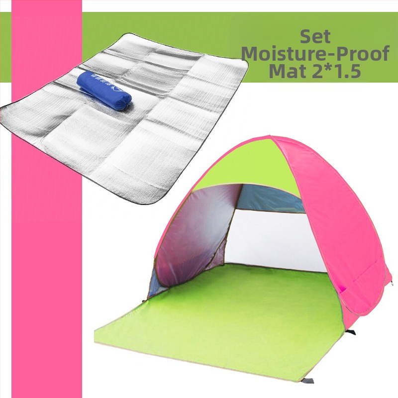 Dubultās personas automātiskā pludmales teltī ar ātru atvēršanu un saules aizsardzību; ārējā: poliesters; iekšējā: 190T ar sudraba pārklājumu; ārējā ūdensizturība 1000–1500 mm; apakšējā 1000–1500 mm; svars 1 kg