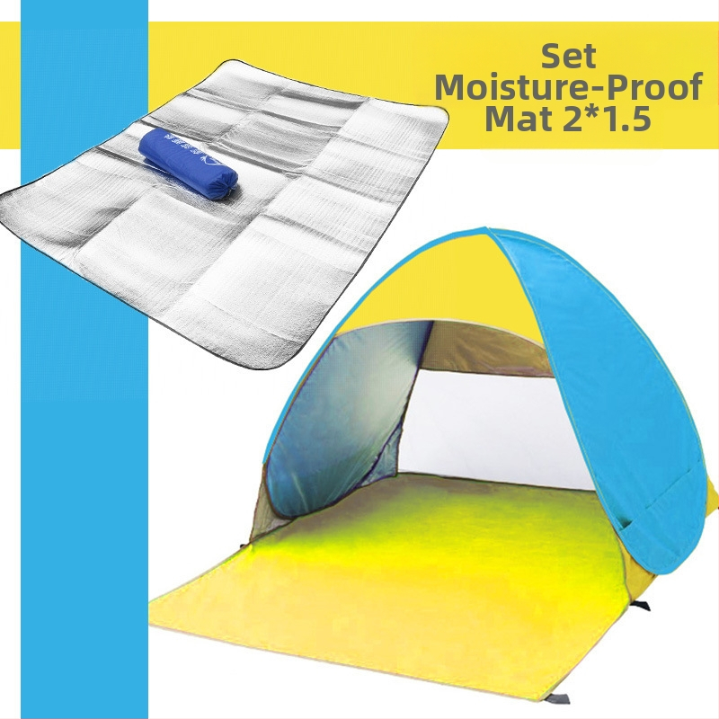 Dubultās personas automātiskā pludmales teltī ar ātru atvēršanu un saules aizsardzību; ārējā: poliesters; iekšējā: 190T ar sudraba pārklājumu; ārējā ūdensizturība 1000–1500 mm; apakšējā 1000–1500 mm; svars 1 kg