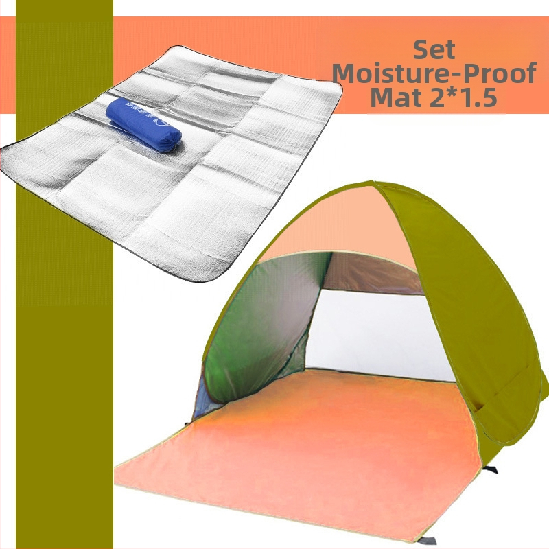 Dubultās personas automātiskā pludmales teltī ar ātru atvēršanu un saules aizsardzību; ārējā: poliesters; iekšējā: 190T ar sudraba pārklājumu; ārējā ūdensizturība 1000–1500 mm; apakšējā 1000–1500 mm; svars 1 kg