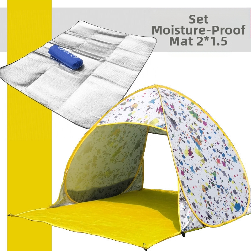 Dubultās personas automātiskā pludmales teltī ar ātru atvēršanu un saules aizsardzību; ārējā: poliesters; iekšējā: 190T ar sudraba pārklājumu; ārējā ūdensizturība 1000–1500 mm; apakšējā 1000–1500 mm; svars 1 kg