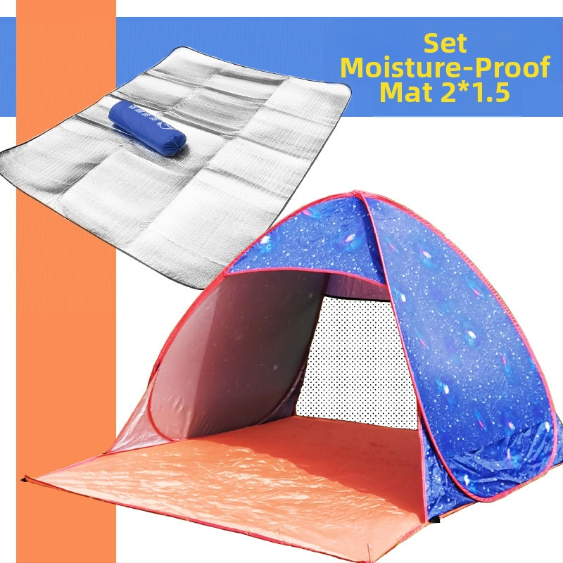 Dubultās personas automātiskā pludmales teltī ar ātru atvēršanu un saules aizsardzību; ārējā: poliesters; iekšējā: 190T ar sudraba pārklājumu; ārējā ūdensizturība 1000–1500 mm; apakšējā 1000–1500 mm; svars 1 kg