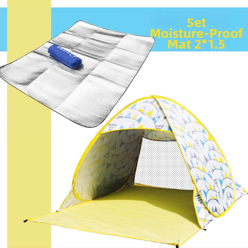 Dubultās personas automātiskā pludmales teltī ar ātru atvēršanu un saules aizsardzību; ārējā: poliesters; iekšējā: 190T ar sudraba pārklājumu; ārējā ūdensizturība 1000–1500 mm; apakšējā 1000–1500 mm; svars 1 kg