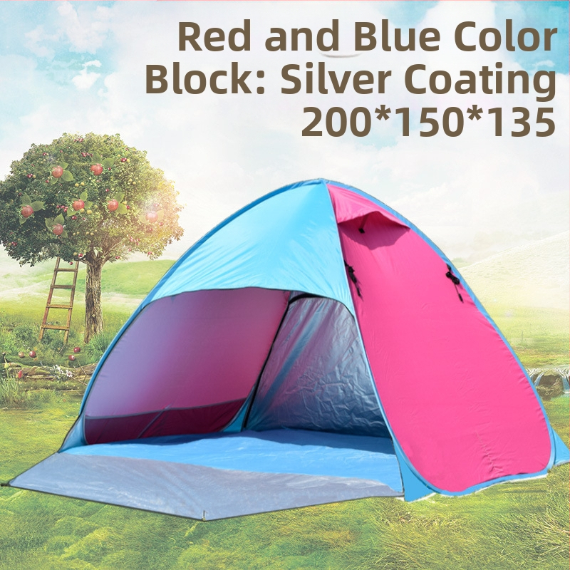Dubultās personas automātiskā pludmales teltī ar ātru atvēršanu un saules aizsardzību; ārējā: poliesters; iekšējā: 190T ar sudraba pārklājumu; ārējā ūdensizturība 1000–1500 mm; apakšējā 1000–1500 mm; svars 1 kg