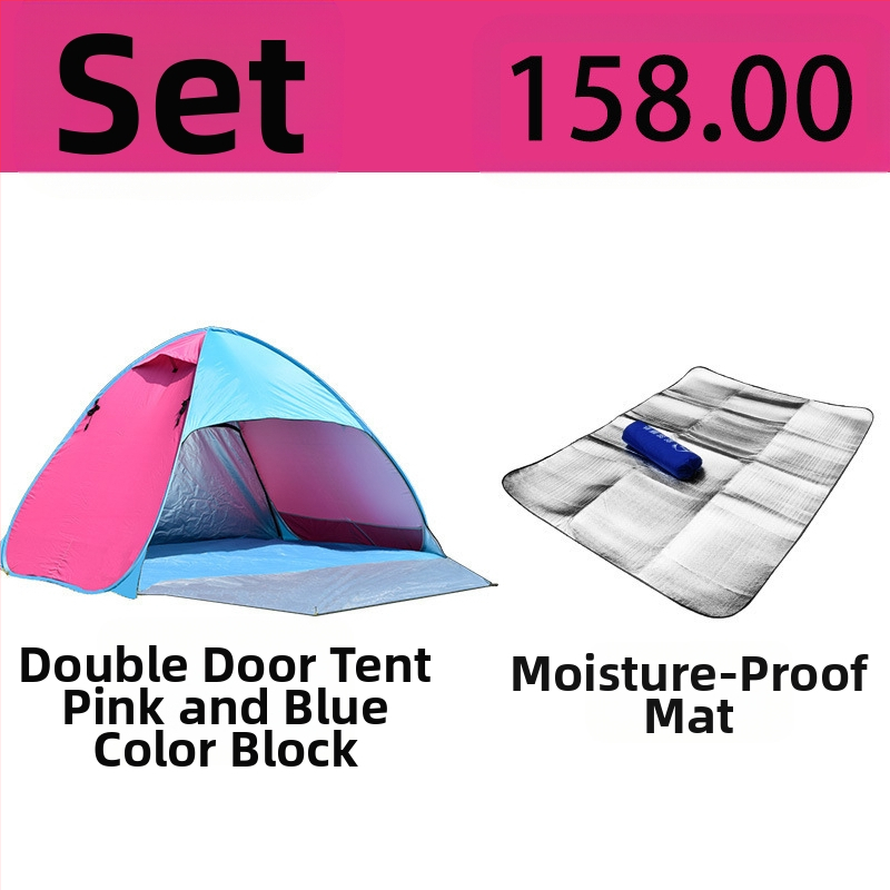 Dubultās personas automātiskā pludmales teltī ar ātru atvēršanu un saules aizsardzību; ārējā: poliesters; iekšējā: 190T ar sudraba pārklājumu; ārējā ūdensizturība 1000–1500 mm; apakšējā 1000–1500 mm; svars 1 kg