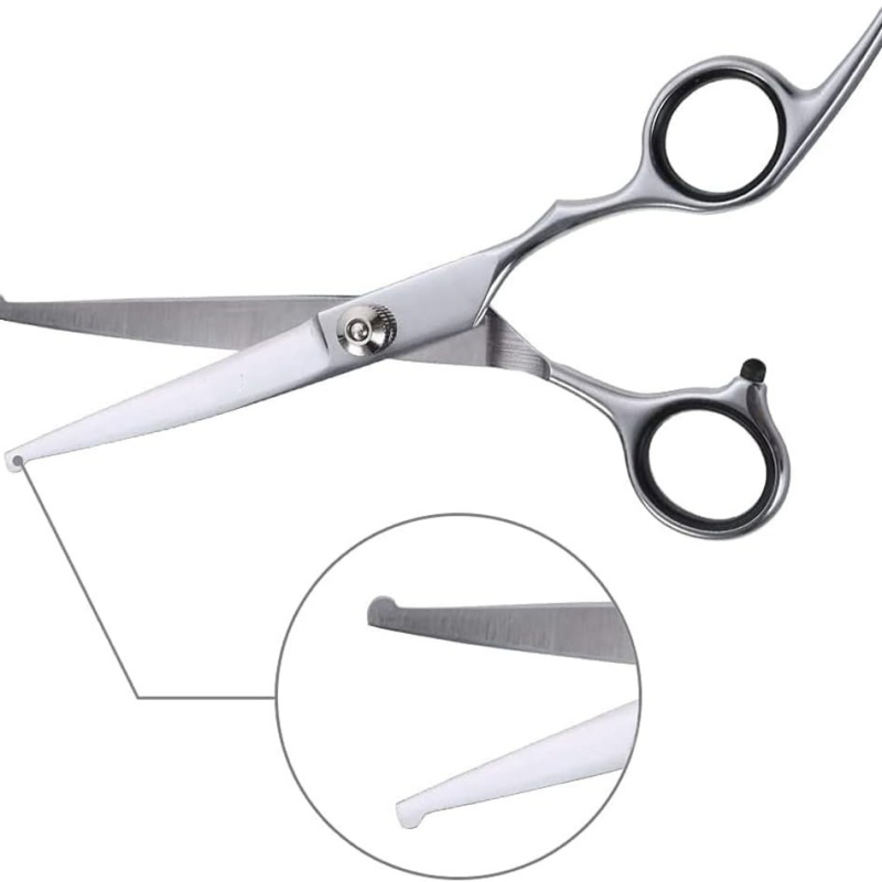 Комплект ножици за подстригване на кучета от неръждаема стомана — безопасна кръгла глава, извита долна част и ножици с плоски зъби