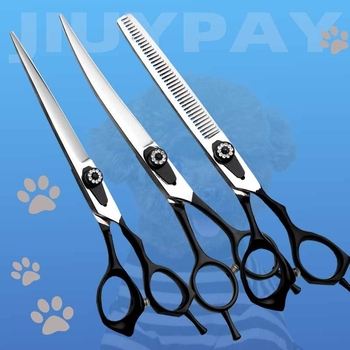 Комплект ножици за подстрижка на домашни любимци, цялостна стоманена конструкция, извити нагоре и надолу остриета, за подстригване на козината на кучета