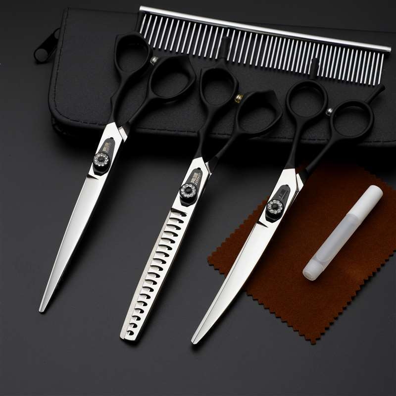 Комплект ножици за подстрижка на домашни любимци, цялостна стоманена конструкция, извити нагоре и надолу остриета, за подстригване на козината на кучета