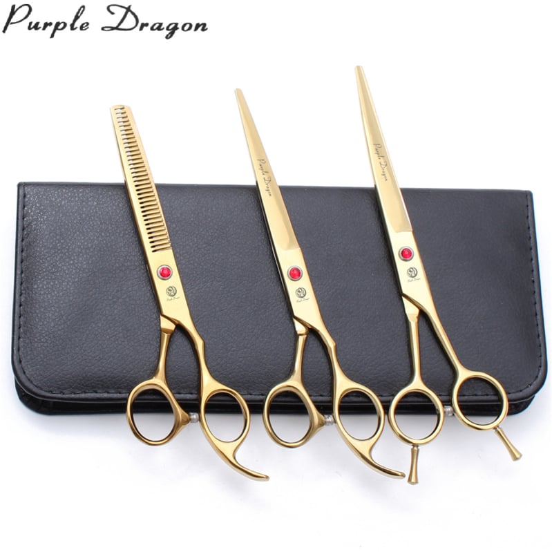 3-частен комплект неръждаеми ножици за подстригване на домашни любимци — прави ножици, ножици с плоски зъби и извити глави