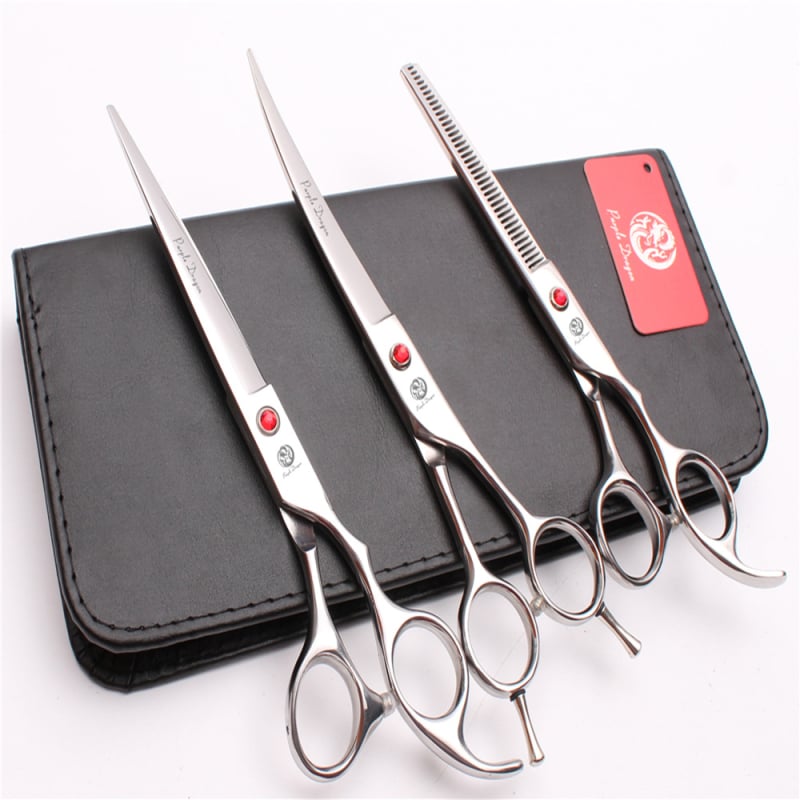 3-частен комплект неръждаеми ножици за подстригване на домашни любимци — прави ножици, ножици с плоски зъби и извити глави
