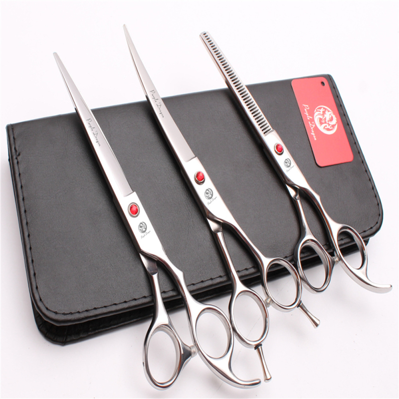3-частен комплект неръждаеми ножици за подстригване на домашни любимци — прави ножици, ножици с плоски зъби и извити глави