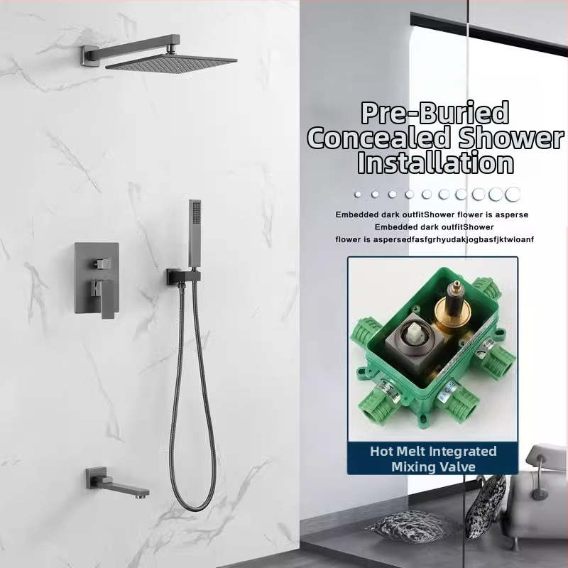 Slėptas sienos dušo komplektas, vario konstrukcija, kvadratinis lietaus dušas, temperatūros reguliavimas, modelis zs-anz