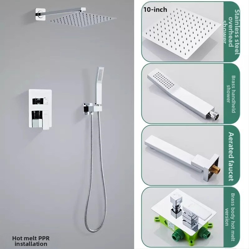 Slėptas sienos dušo komplektas, vario konstrukcija, kvadratinis lietaus dušas, temperatūros reguliavimas, modelis zs-anz