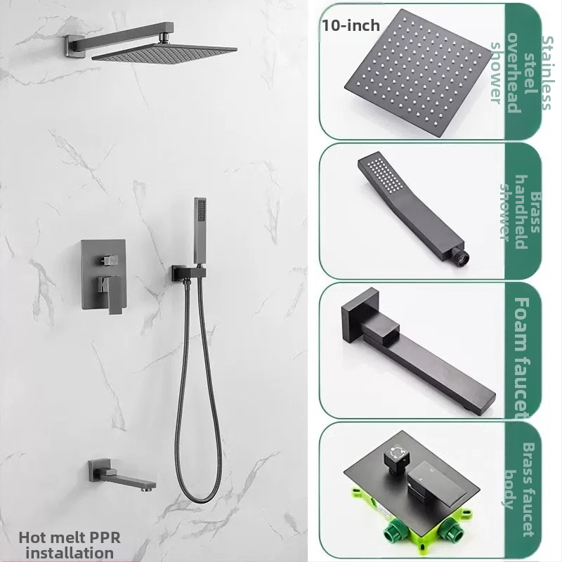 Slėptas sienos dušo komplektas, vario konstrukcija, kvadratinis lietaus dušas, temperatūros reguliavimas, modelis zs-anz