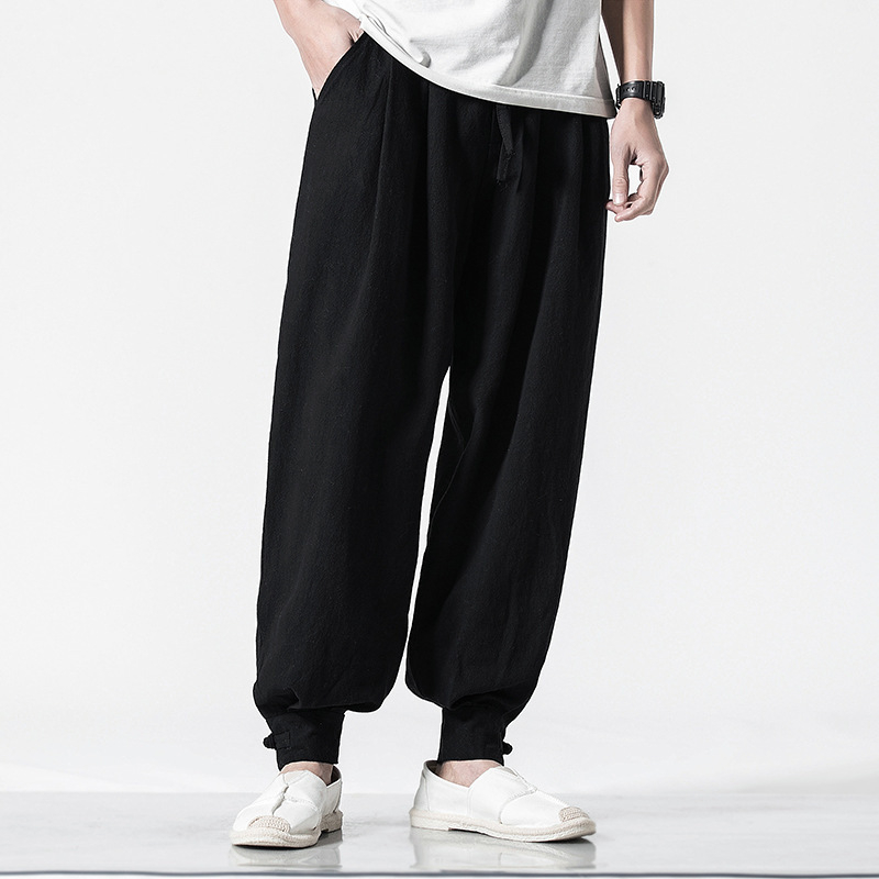 Férfiak kínai stílusú laza nadrág, len-konop keverék, zsinórzárás